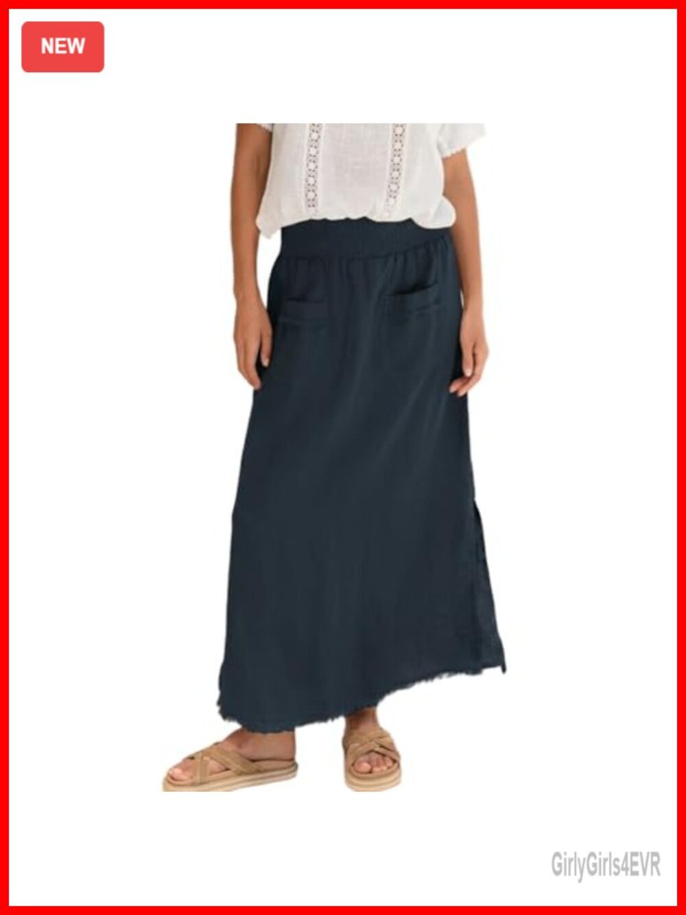 Women Linen Blend Maxi Skirt A-Line Elastic Waist Side Slit Pockets Fringe